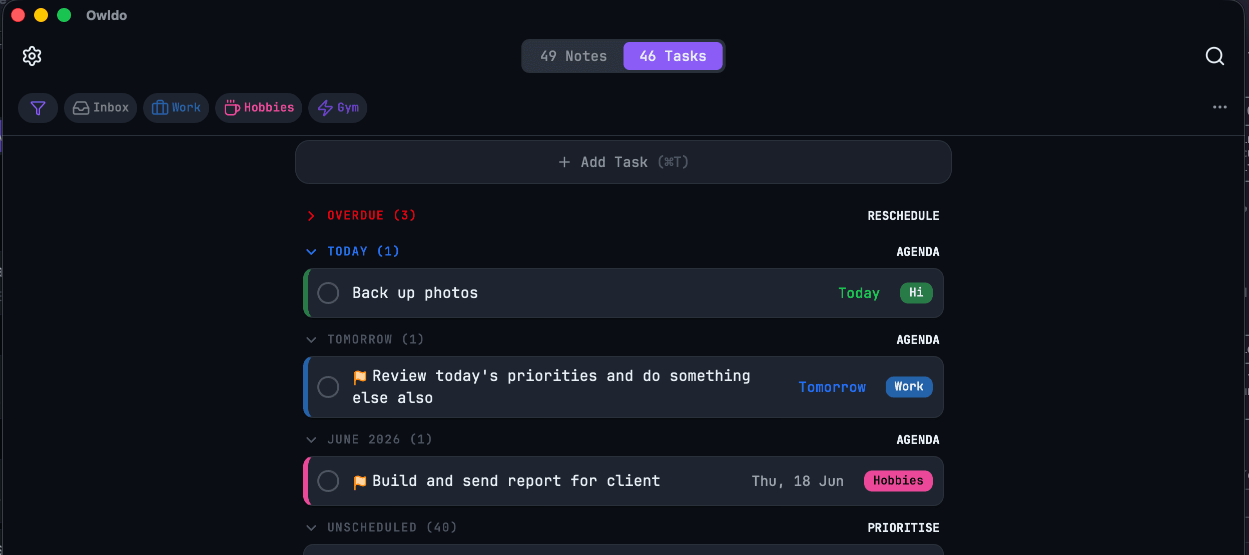 Owldo desktop app — a Space open with the task list on one side and a note on the other. Show the unified layout.