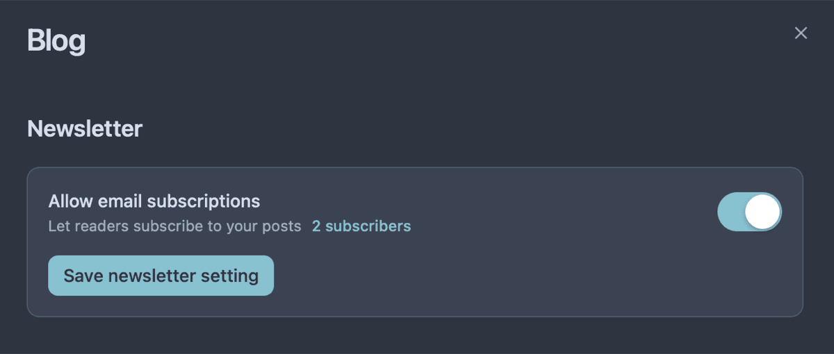 Owldo newsletter settings to let readers subscribe to a blog