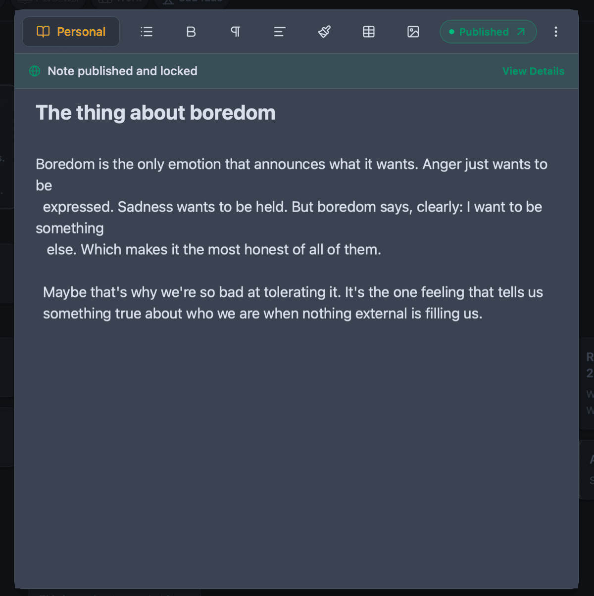 Owldo note detail view with rich text formatting, headings and lists
