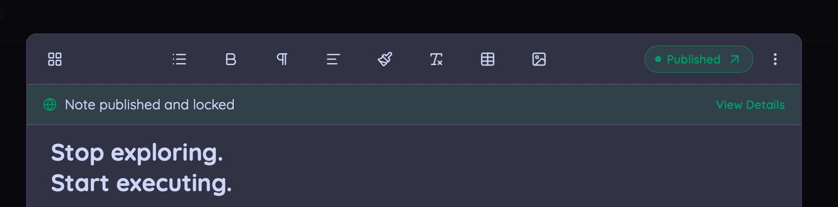Owldo editor toolbar with a green Published pill and a "Note published and locked" banner