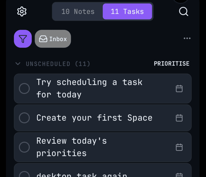 Mobile view with the Inbox pill selected, showing unsorted tasks/notes — emphasize the quick capture flow.