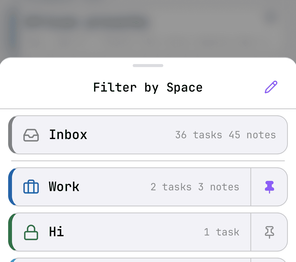 Switching Spaces on mobile — the color-coded Space chips with a Space selected.