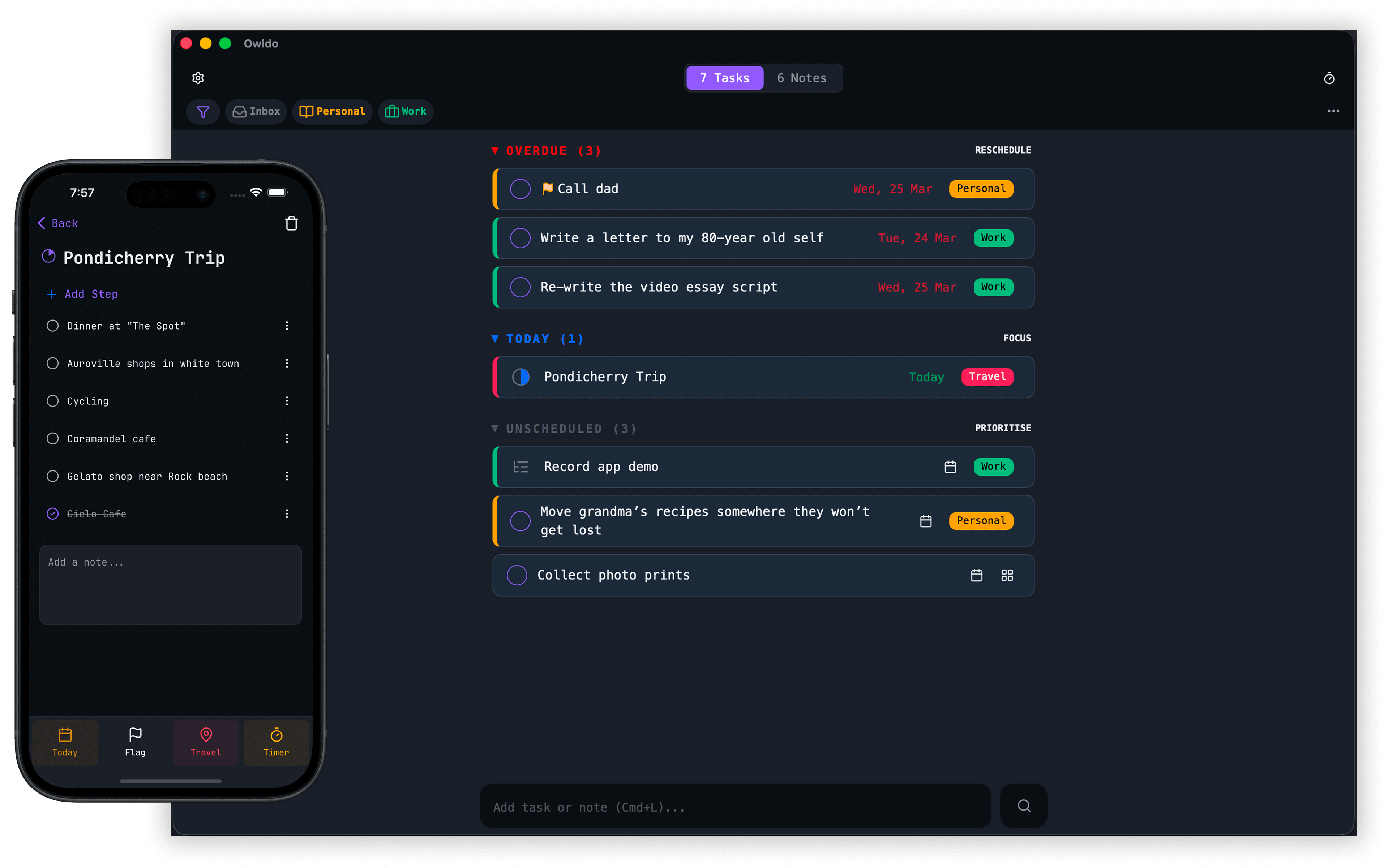 Owldo tasks view showing a list of tasks organised by label