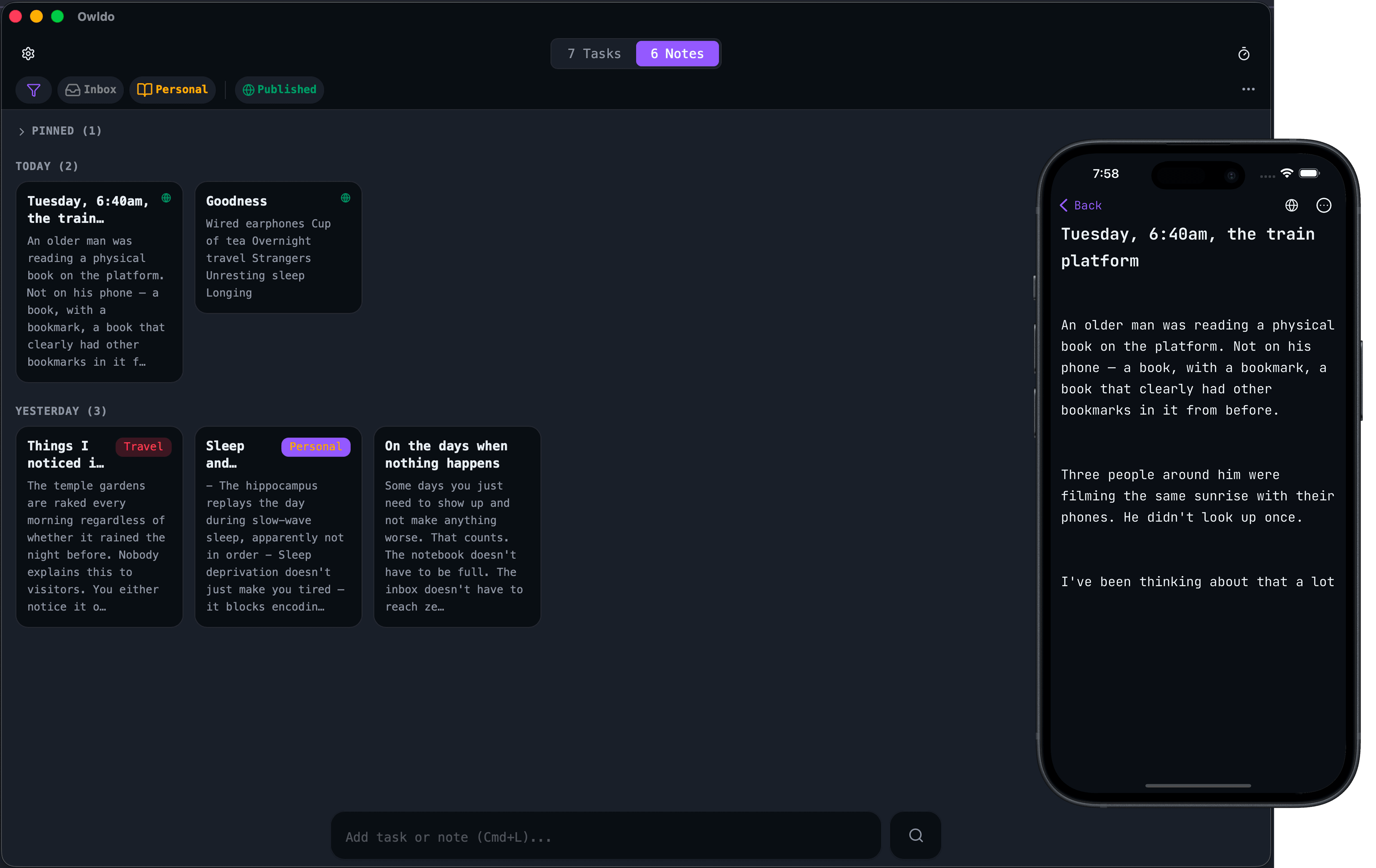 Owldo notes view showing a note editor with rich text formatting