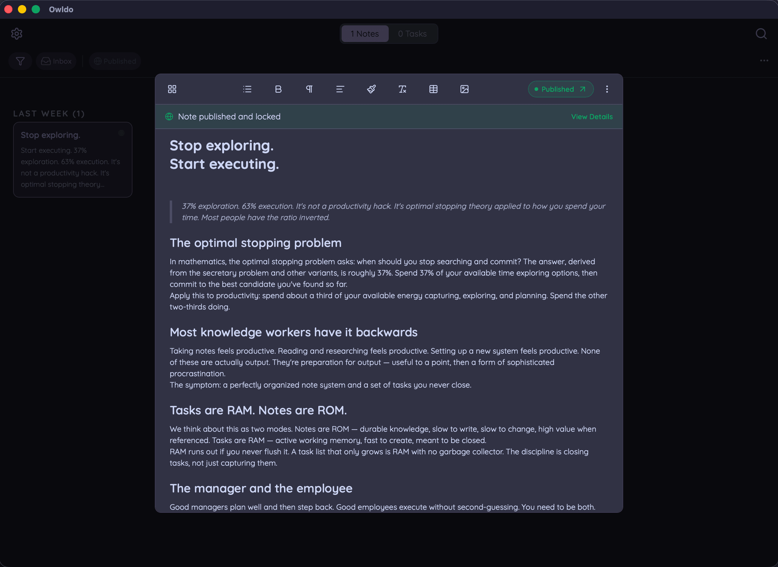 Owldo note editor with a green Published pill and a "Note published and locked" banner — the note is live on the web
