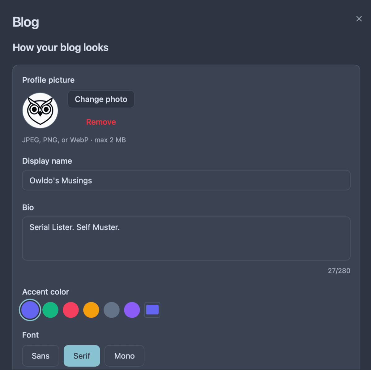 Owldo blog settings for customising a published notes site