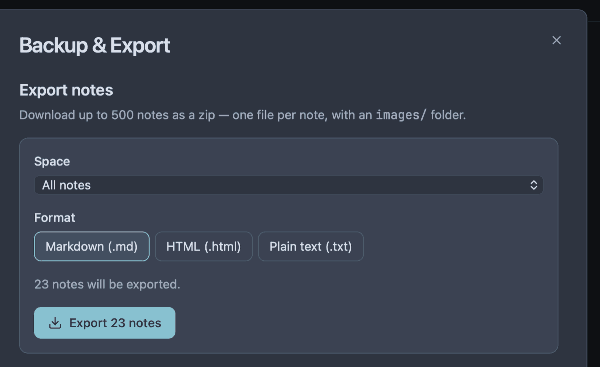 Owldo bulk export screen for exporting all notes at once