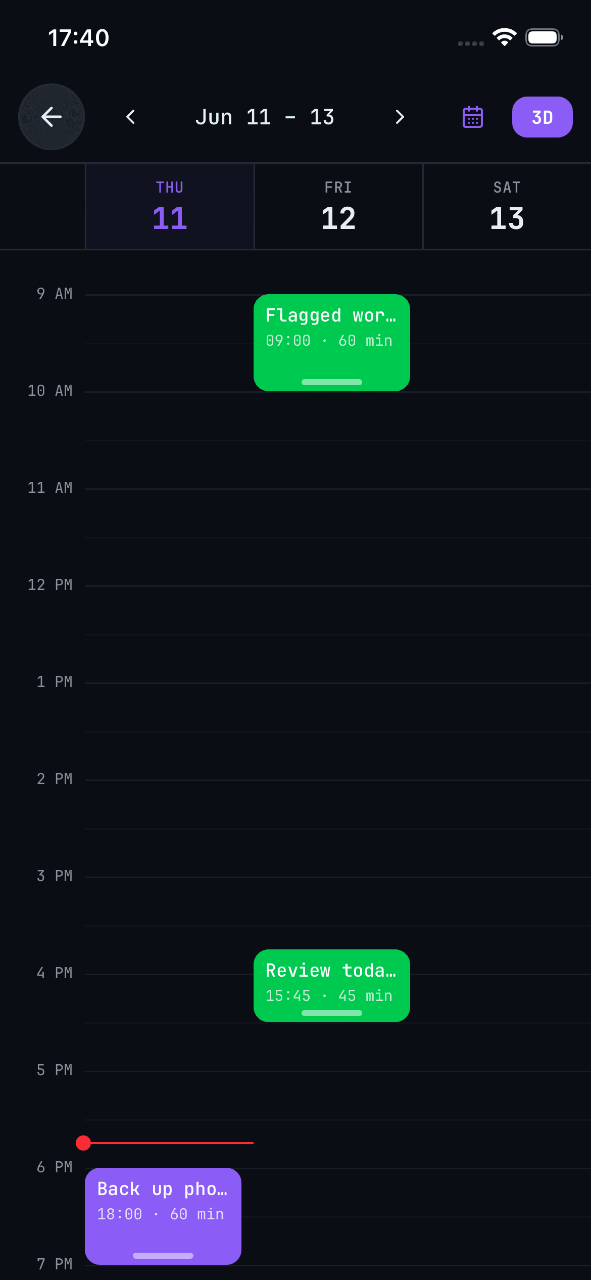 Owldo's calendar / schedule view on mobile — tasks laid out across the day.