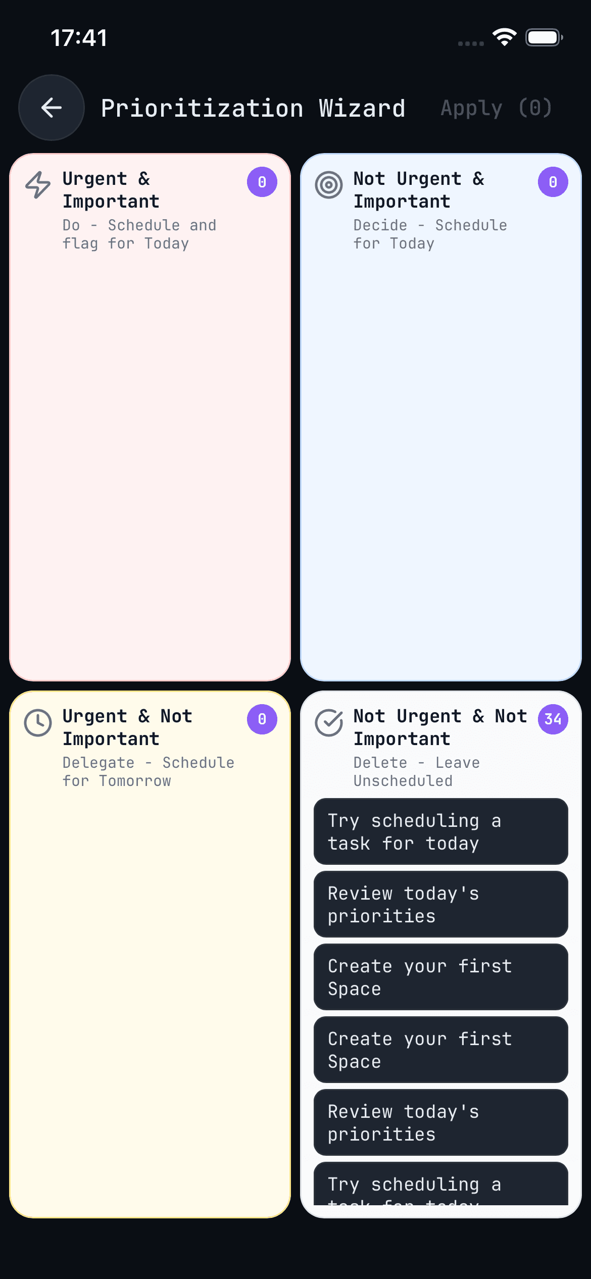 The Eisenhower priority matrix in Owldo — tasks sorted into urgent/important quadrants.