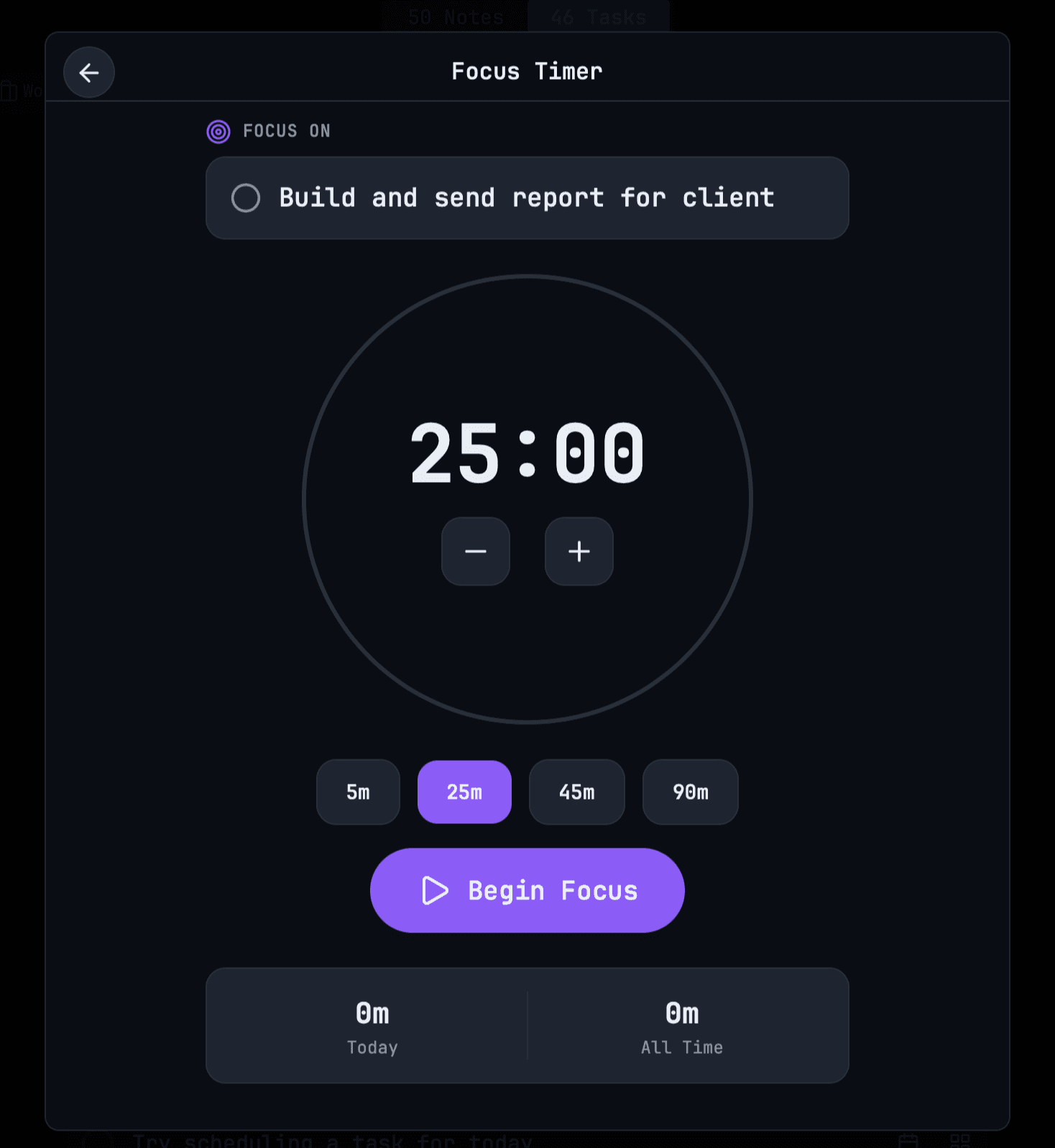 The Focus Timer screen mid-session — big countdown ring, the 'FOCUS ON' task shown beneath it.