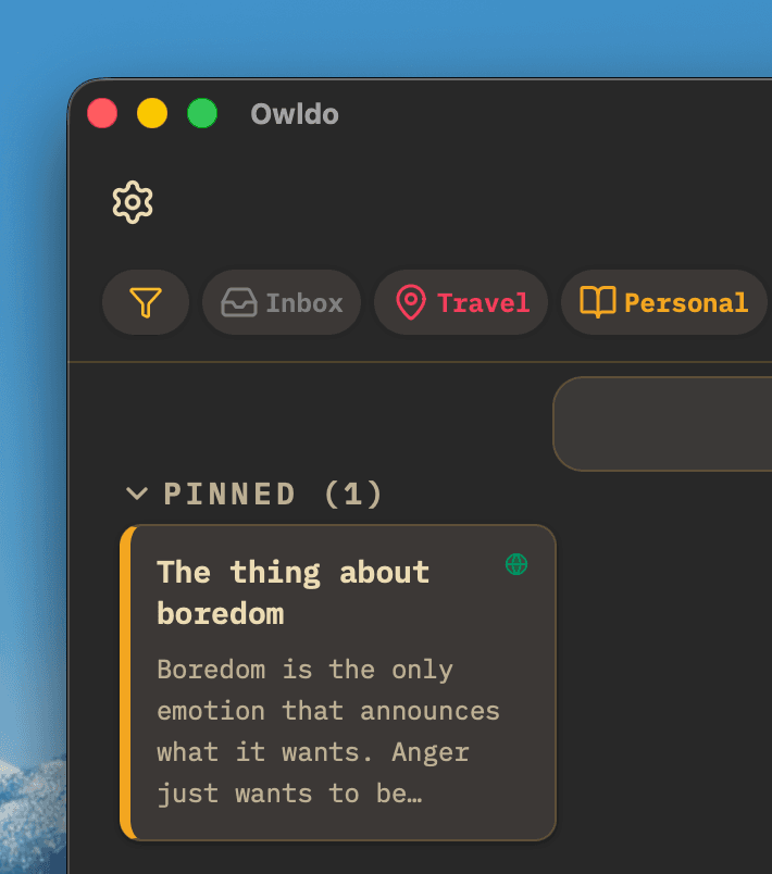 Owldo note pinned as a floating always-on-top window on macOS