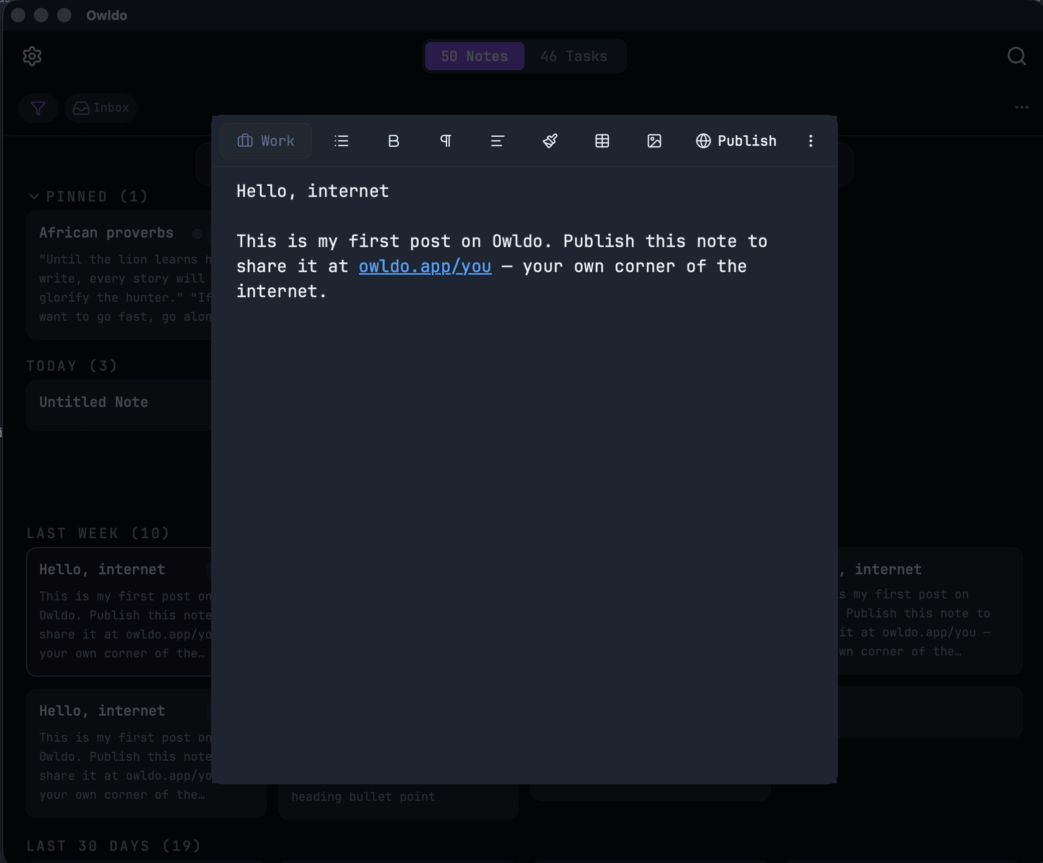 A note open in Owldo's editor on desktop — clean, distraction-free writing surface.