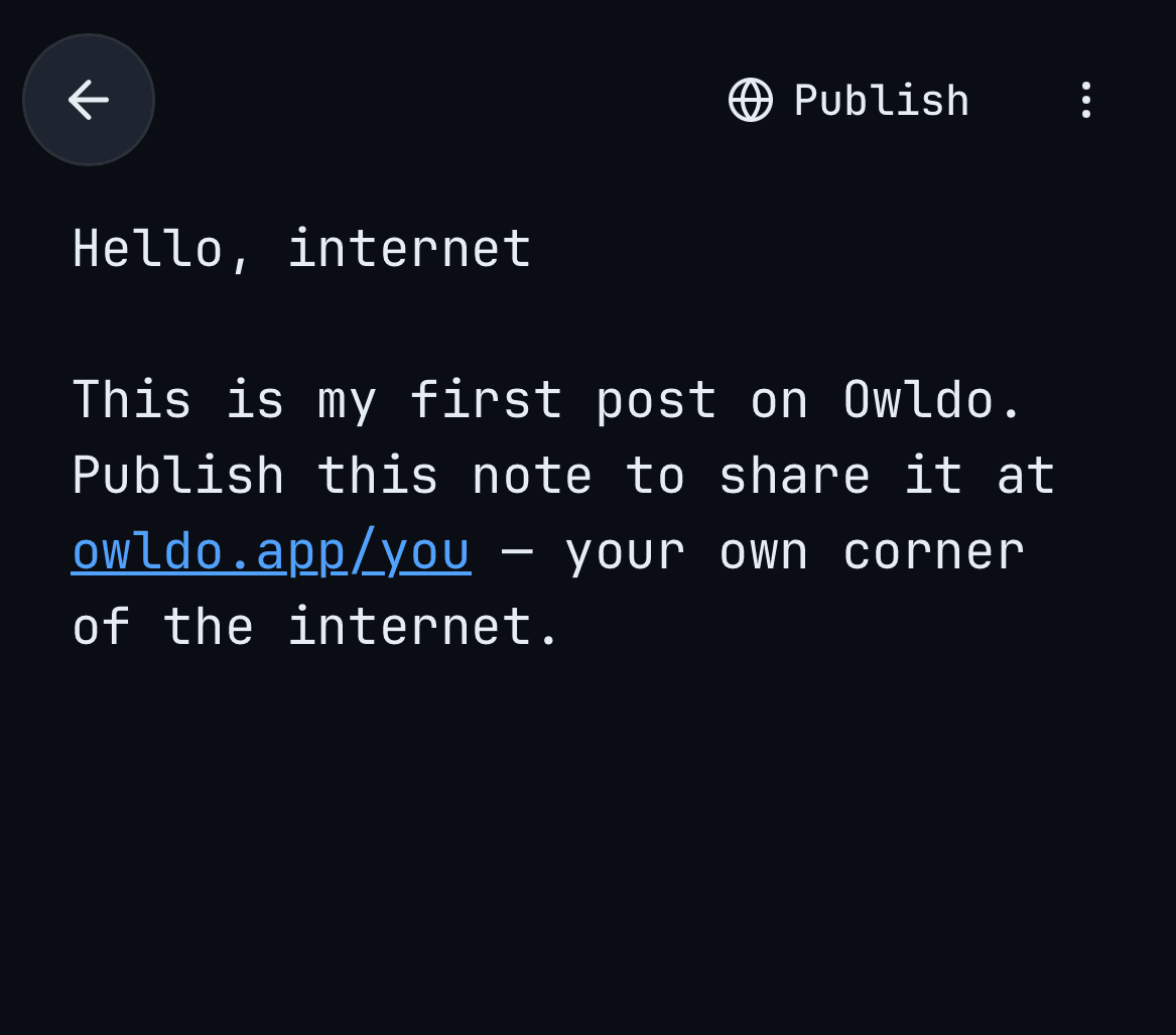 Phone in airplane mode (show the airplane icon in the status bar) with Owldo fully usable — editing a note or checking a task.