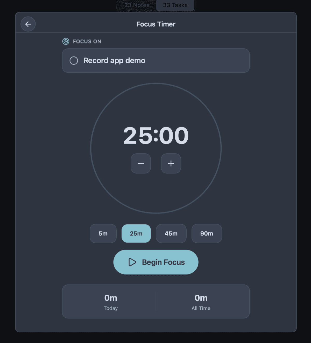 Owldo built-in Pomodoro focus timer attached to a task