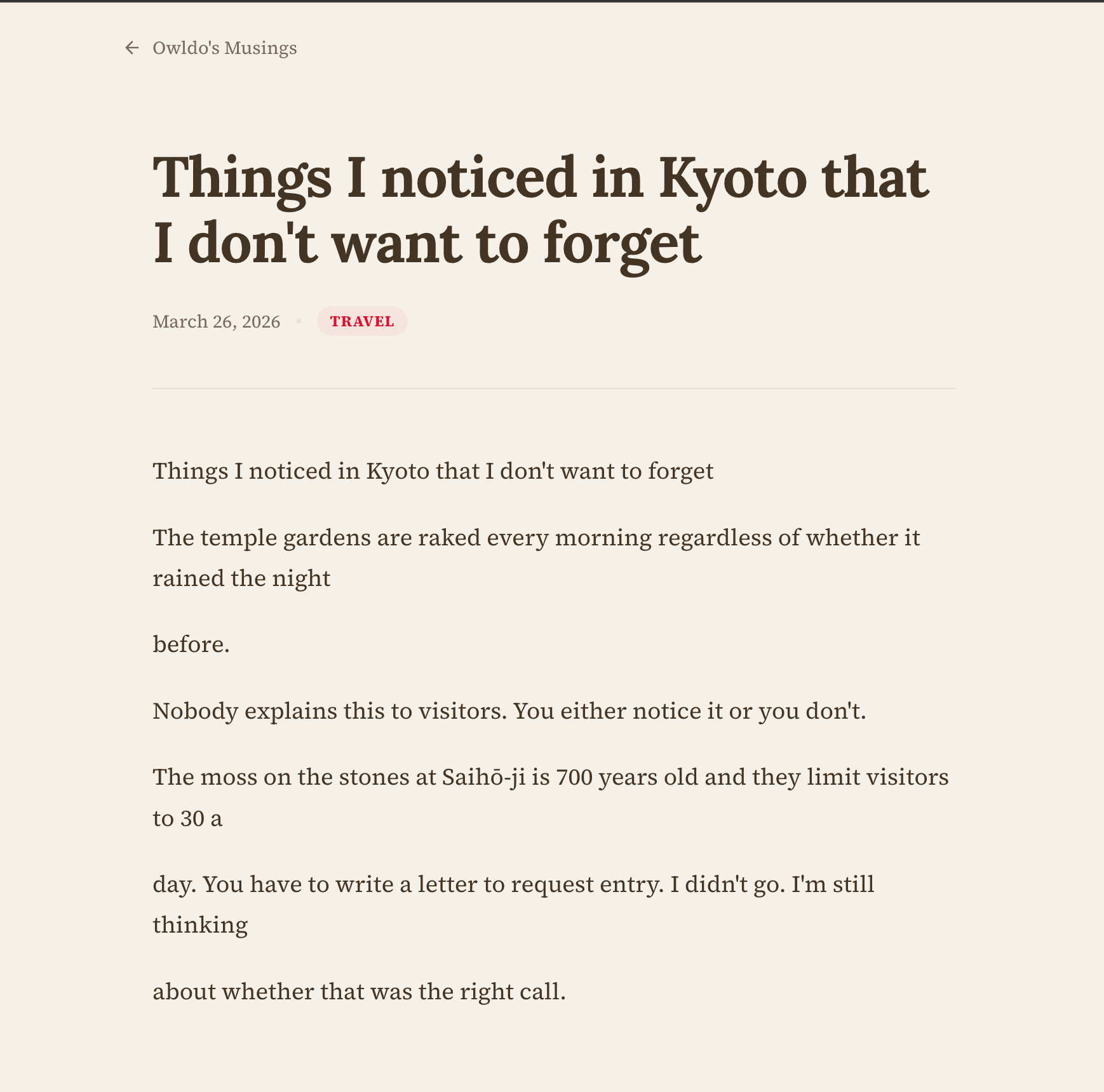 A published author blog page (owldo.app/username) — header with avatar/bio, a list of posts. Show the clean blog theme.