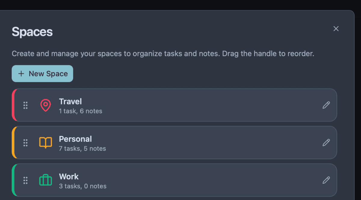 Owldo Spaces management settings for organising tasks and notes