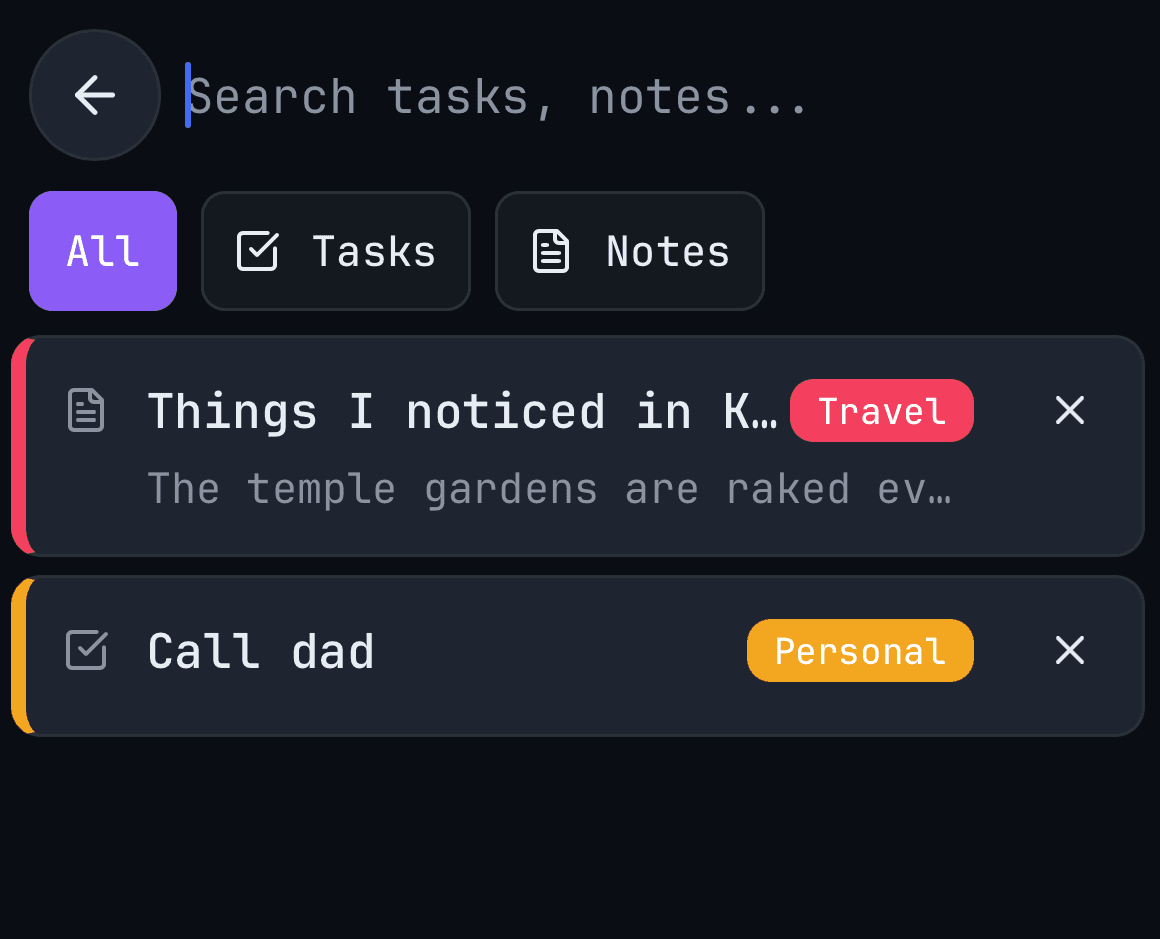 Search overlay showing mixed results — a couple of notes and a couple of tasks in the same result list.