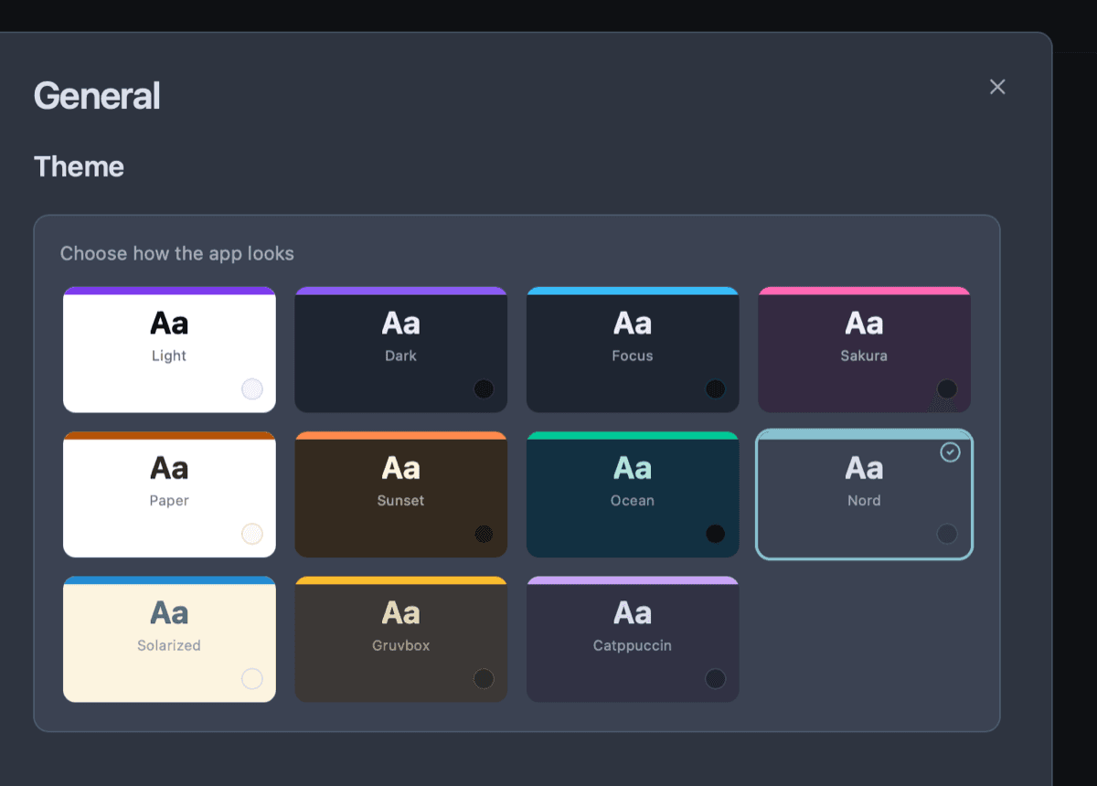 Owldo theme picker showing multiple light and dark colour themes