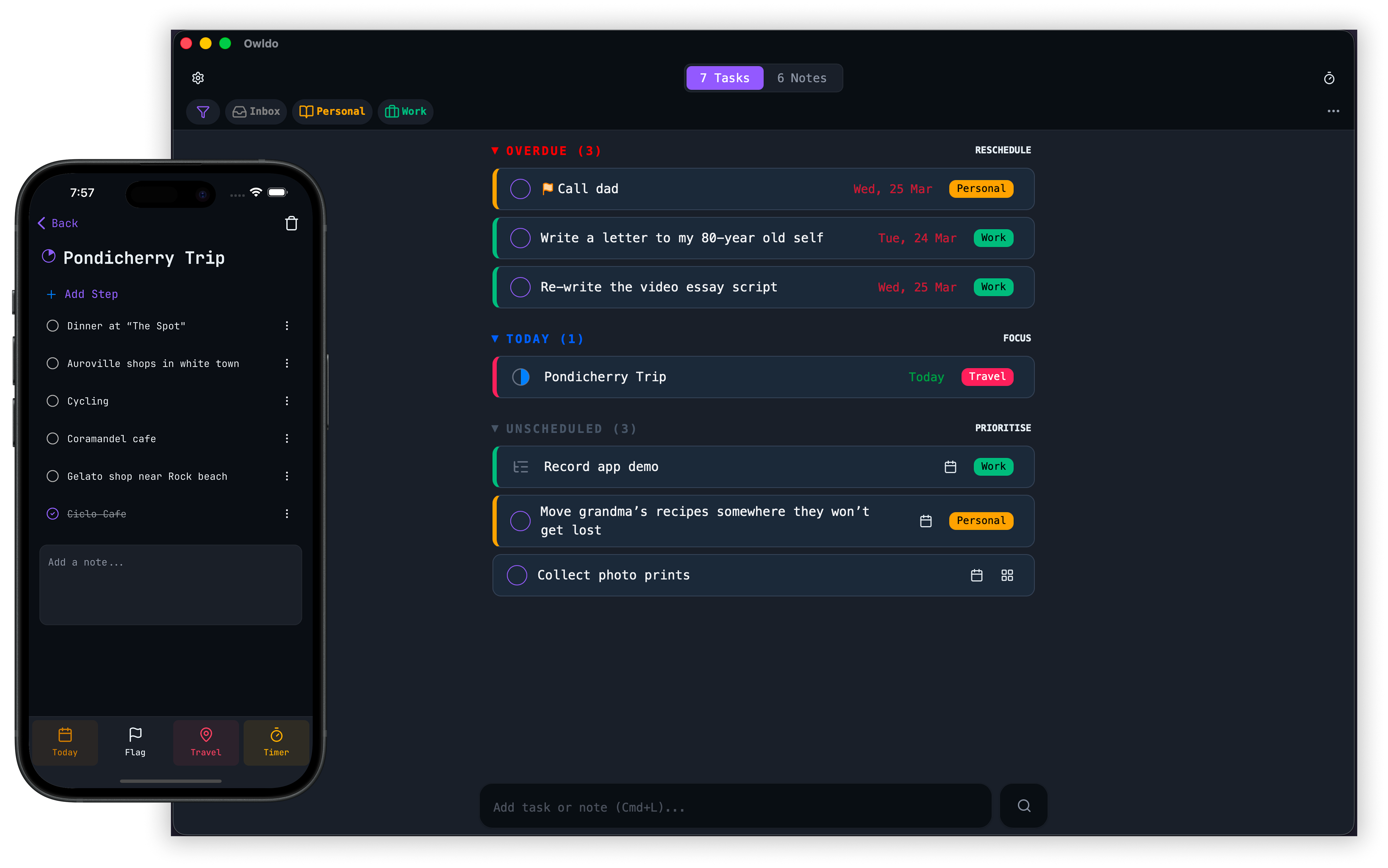 Owldo tasks view showing a list of tasks organised by label