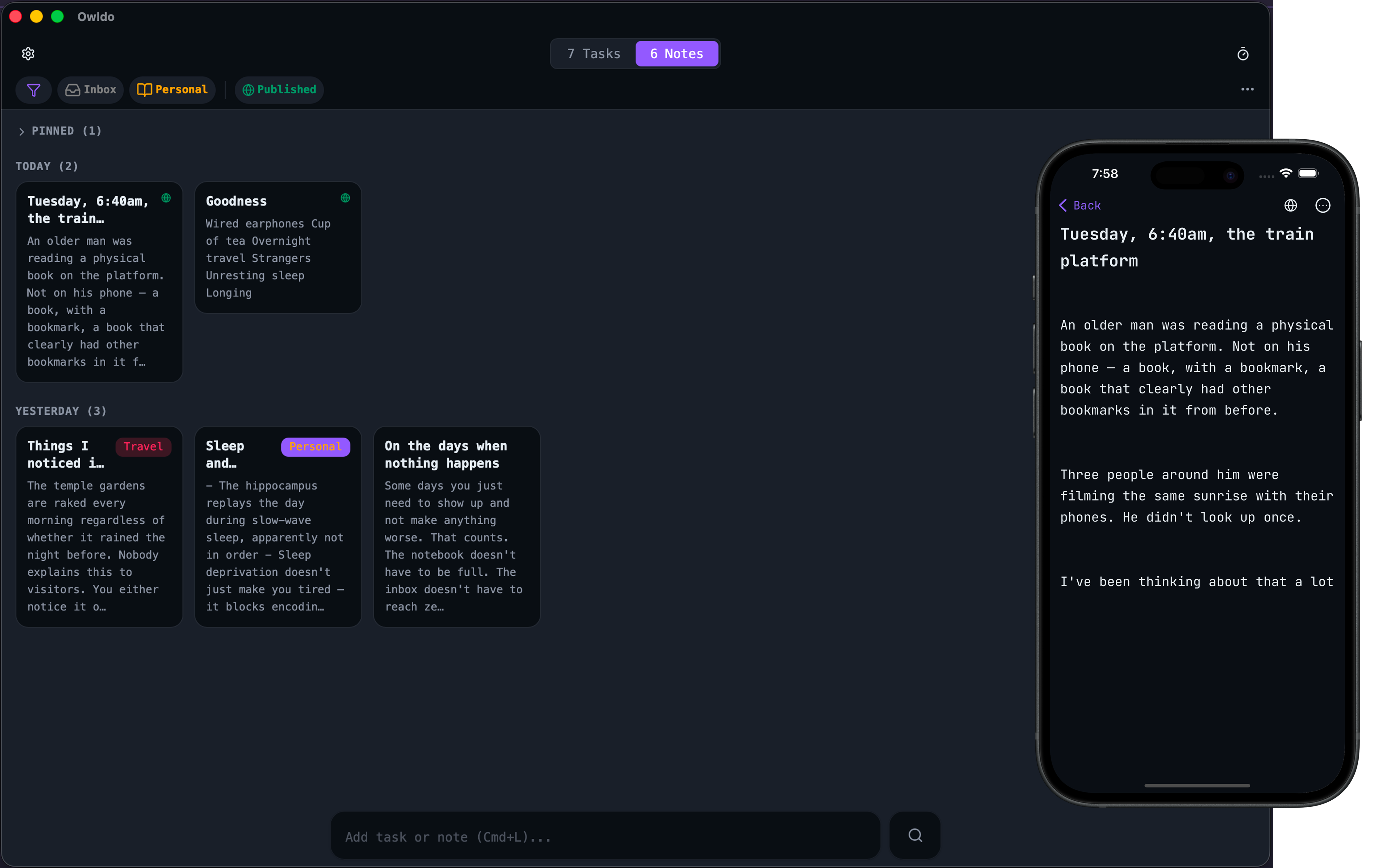 Owldo notes view showing a note editor with rich text formatting